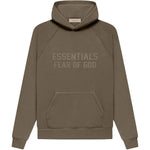 Fear of God Essentials Wood Hoodie in brown with front pouch pocket.