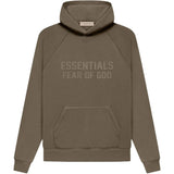 Fear of God Essentials Wood Hoodie in brown with front pouch pocket.