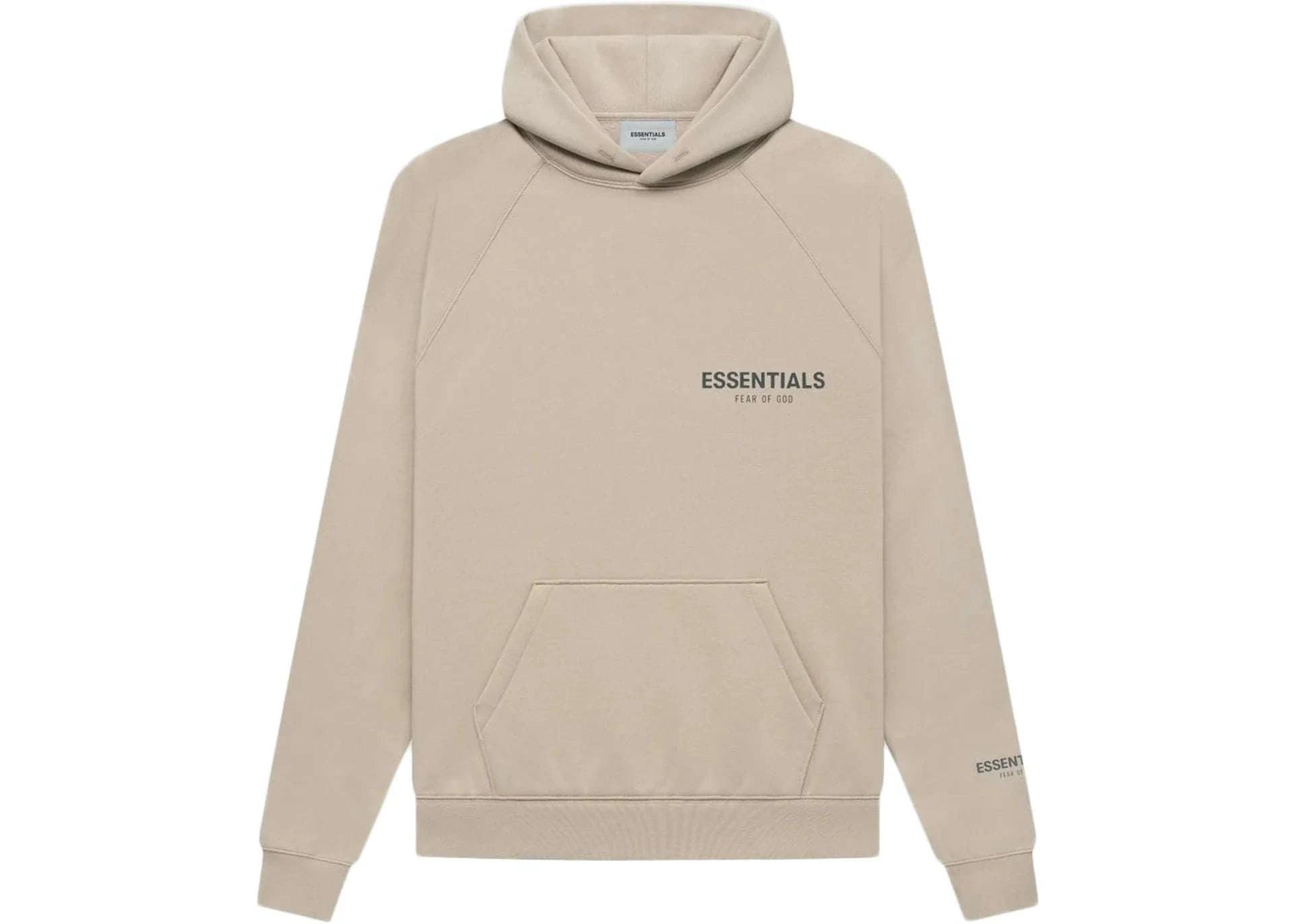 Fear of God Essentials Core Collection String Hoodie in beige.