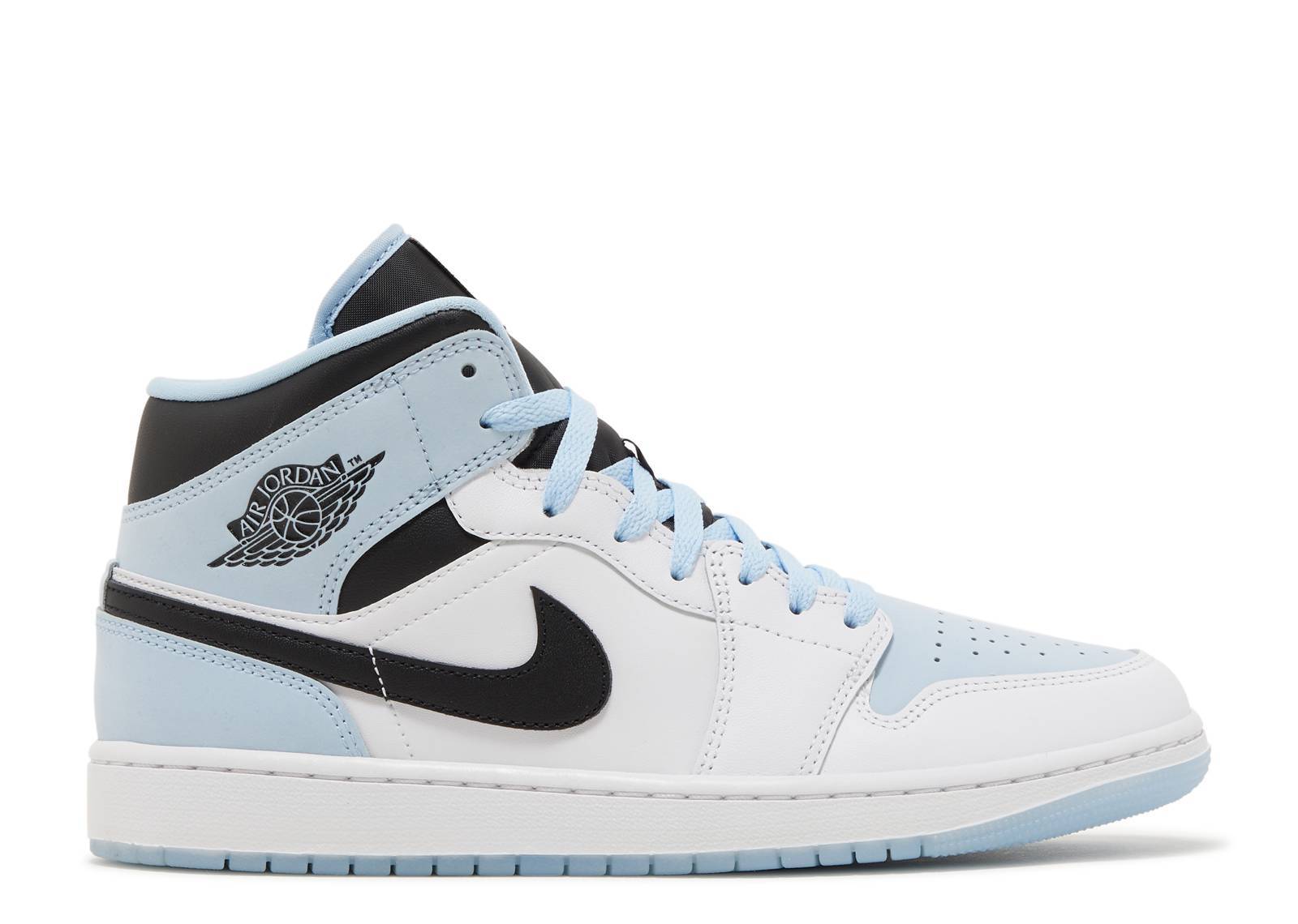 Air Jordan 1 Mid SE sneakers in white and ice blue with black accents.