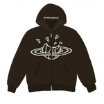 Broken Planet Dark Brown Zip-Up Hoodie with unique graphic design.