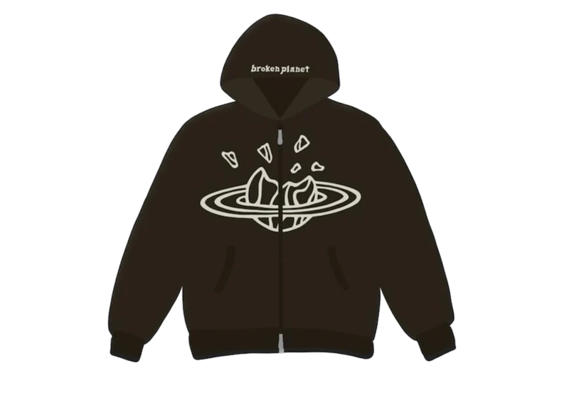 Broken Planet Dark Brown Zip-Up Hoodie with unique graphic design.