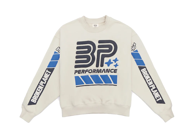 Broken Planet BP Performance Crewneck with bold graphics on chest and sleeves.