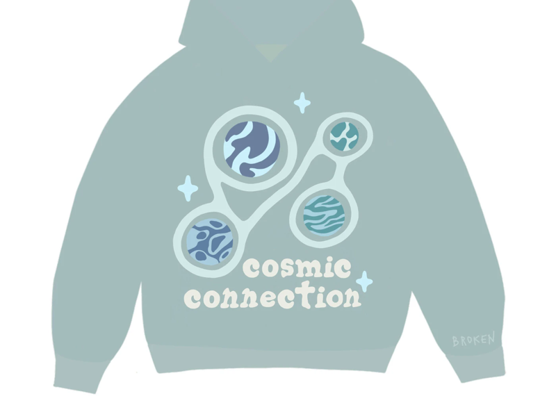 Broken Planet Cosmic Connection Hoodie with abstract cosmic design.