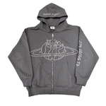 Broken Planet ash grey zip-up hoodie with outer space theme design.