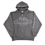 Broken Planet ash grey zip-up hoodie with outer space theme design.