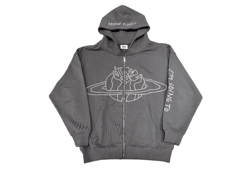Broken Planet ash grey zip-up hoodie with outer space theme design.
