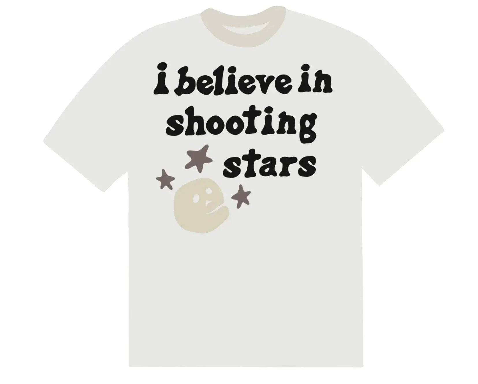 White t-shirt with "I believe in shooting stars" text, Broken Planet design.