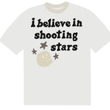 White t-shirt with "I believe in shooting stars" text, Broken Planet design.