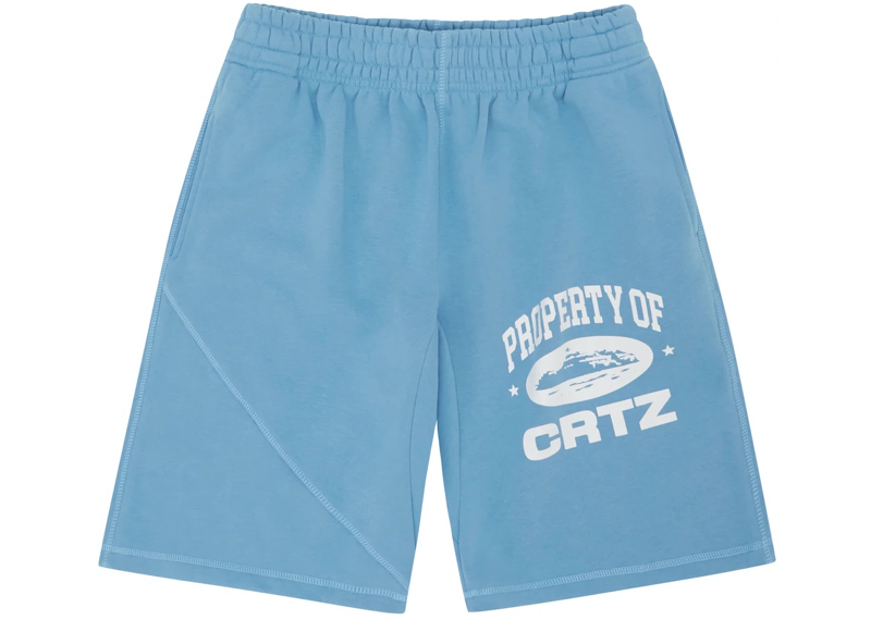 Baby blue CORTEIZ P.O.C shorts with "Property of CRTZ" print.