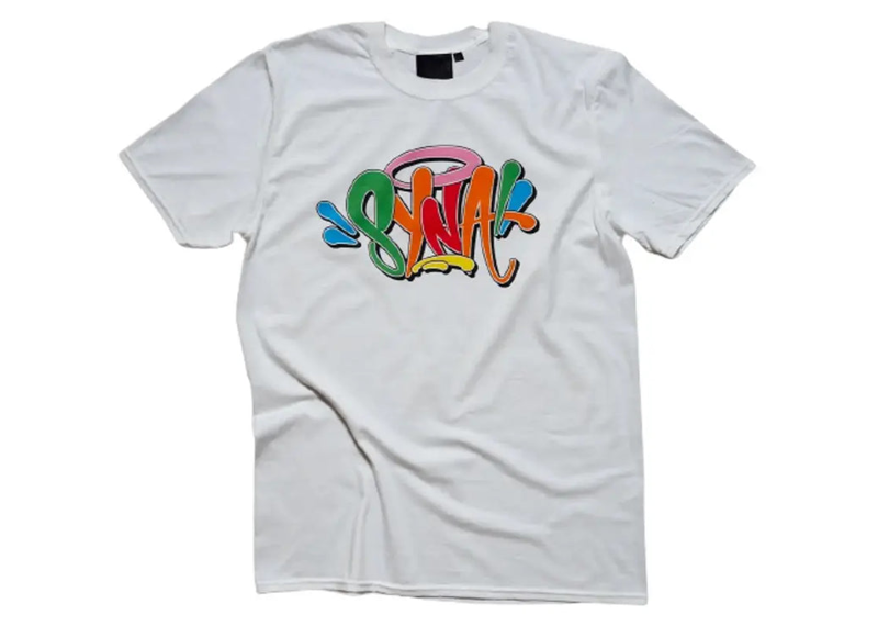 SYNA WORLD GLASTONBURY T-shirt in white with colorful logo design.