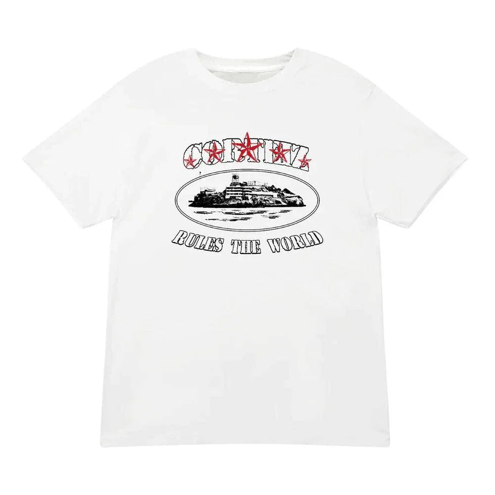 CORTEIZ white t-shirt with red stars and "Rules the World" graphic.