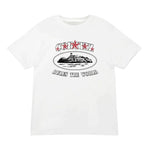 CORTEIZ white t-shirt with red stars and "Rules the World" graphic.
