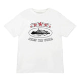 CORTEIZ white t-shirt with red stars and "Rules the World" graphic.