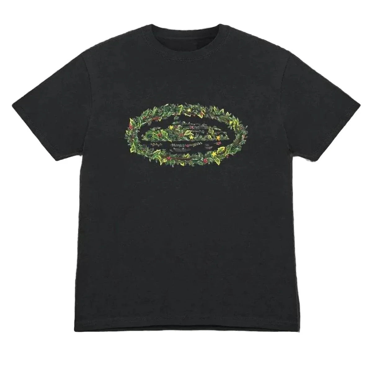 CORTEIZ WREATH T-shirt with wreath design on black fabric.