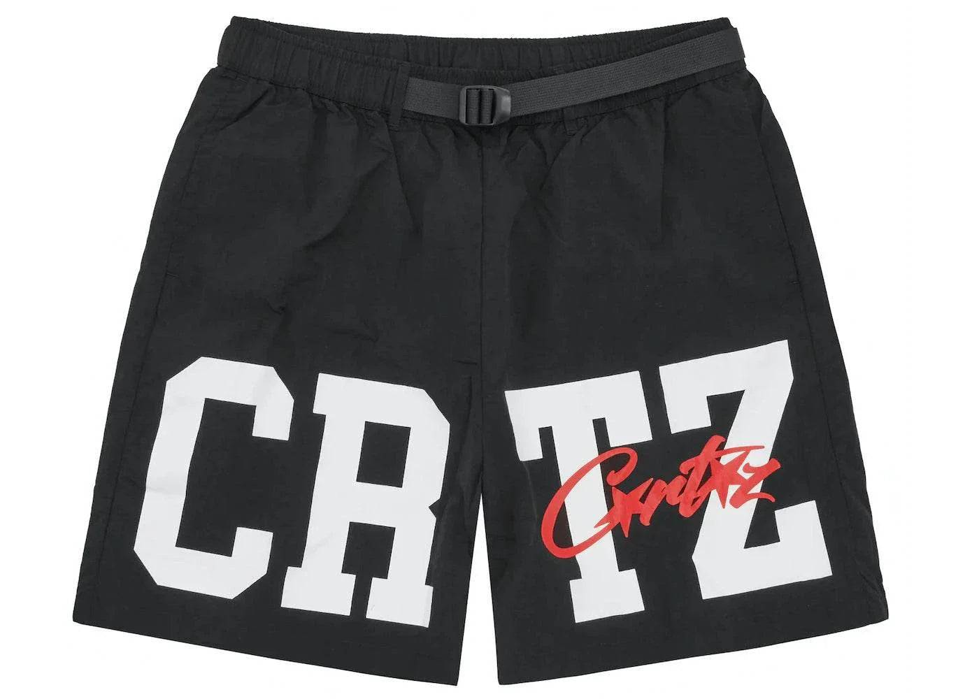 Black nylon shorts with bold white and red CRTZ logo by CORTEIZ.