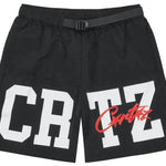 Black nylon shorts with bold white and red CRTZ logo by CORTEIZ.