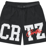 Black nylon shorts with bold white and red CRTZ logo by CORTEIZ.