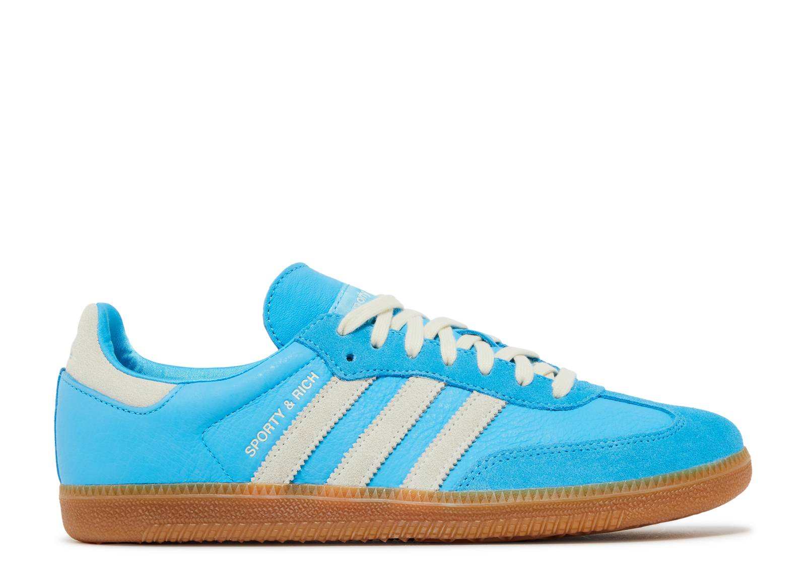 Sporty & Rich x Samba OG Blue Rush sneakers in vibrant blue with white stripes.