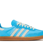 Sporty & Rich x Samba OG Blue Rush sneakers in vibrant blue with white stripes.