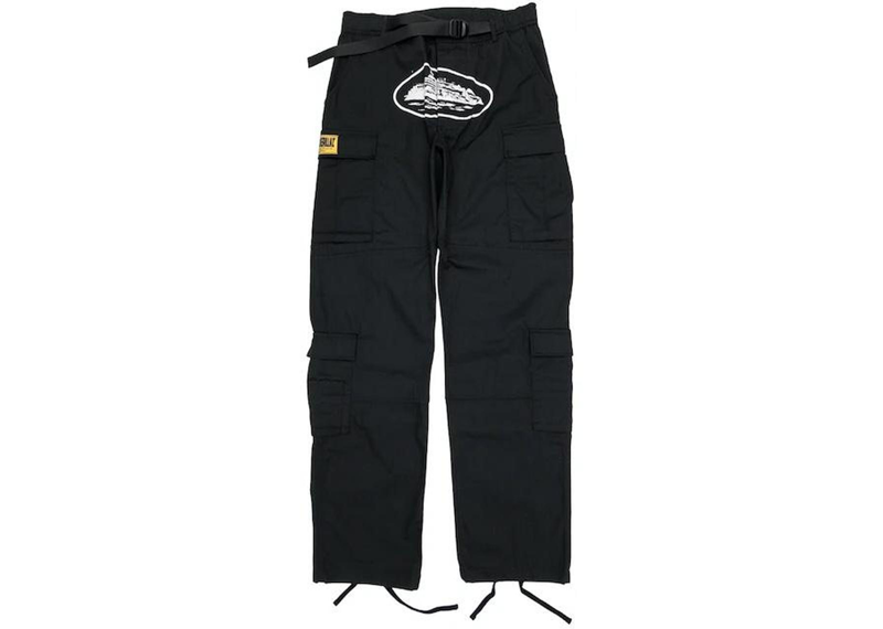 Corteiz Guerillaz Cargos Black pants with multiple pockets and belt detail.