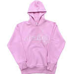 Pink DRAMA CALL hoodie with front pocket and hood.