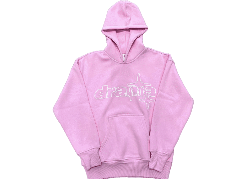Pink DRAMA CALL hoodie with front pocket and hood.