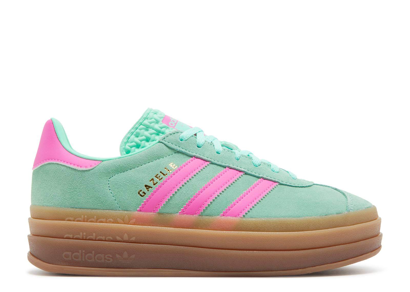 Wmns Gazelle Bold sneakers in mint and pink with gum sole.
