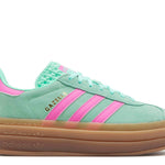 Wmns Gazelle Bold sneakers in mint and pink with gum sole.