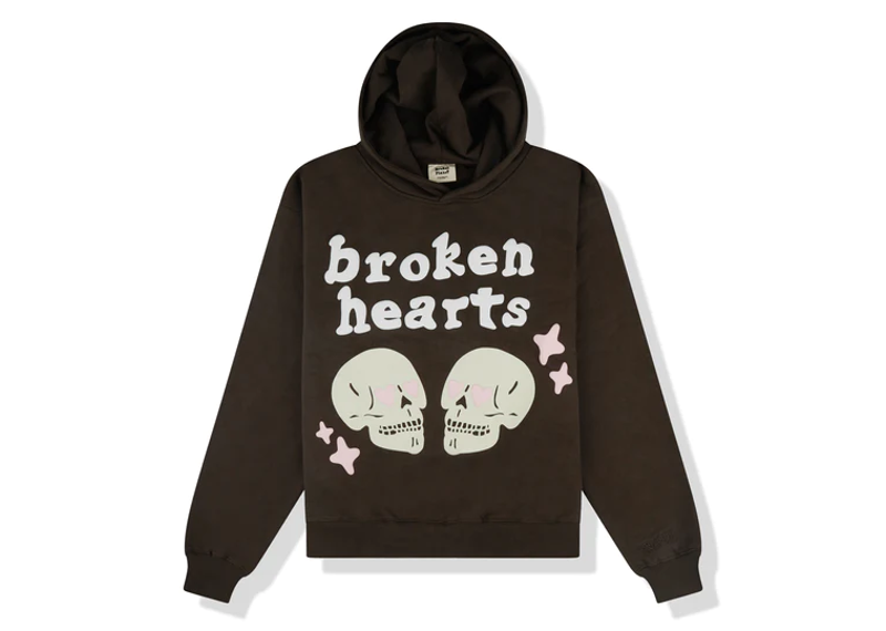 Dark brown Broken Planet Broken Hearts Hoodie with skull and stars graphic design.
