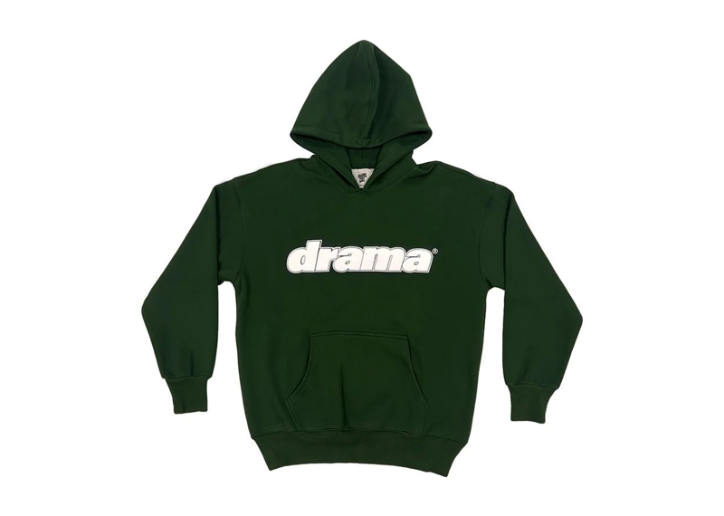 DRAMA CALL Hoodie in pine green with bold white logo.