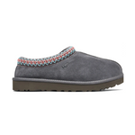 Dark grey UGG Tasman slipper with colorful trim.