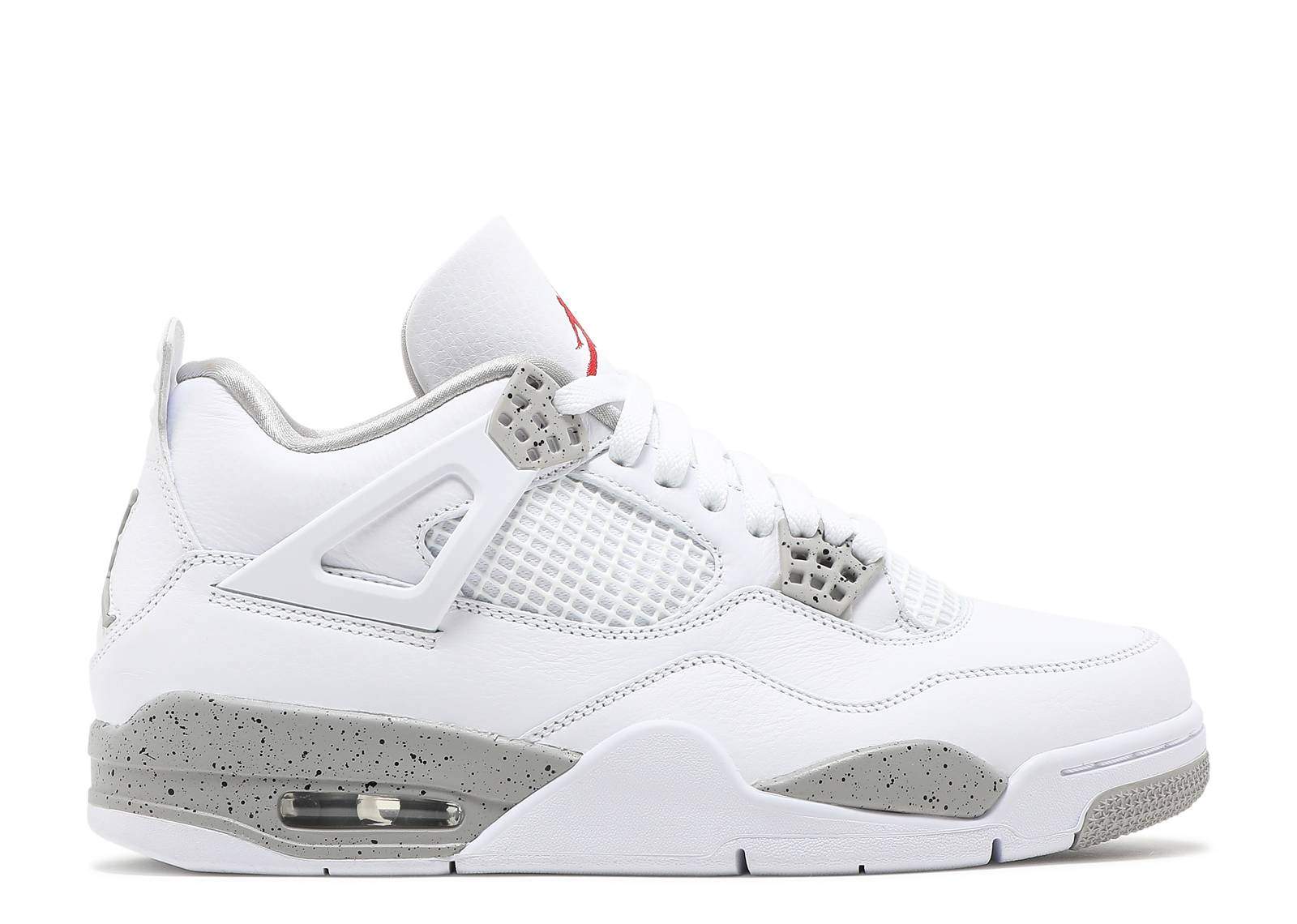 Air Jordan 4 Retro White Oreo sneaker with white leather and speckled gray accents.