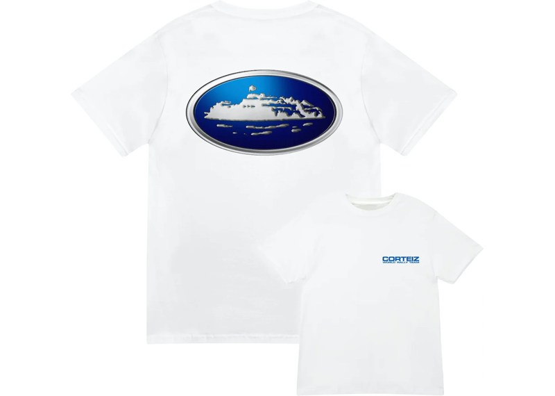 Corteiz Alcatraz World Rally Tee White with blue logo on back and front.