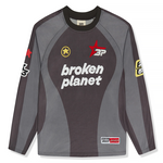 Broken Planet Football Long Sleeve T-Shirt, gray design with logos.