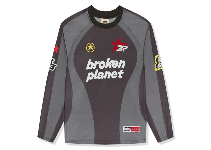 Broken Planet Football Long Sleeve T-Shirt, gray design with logos.