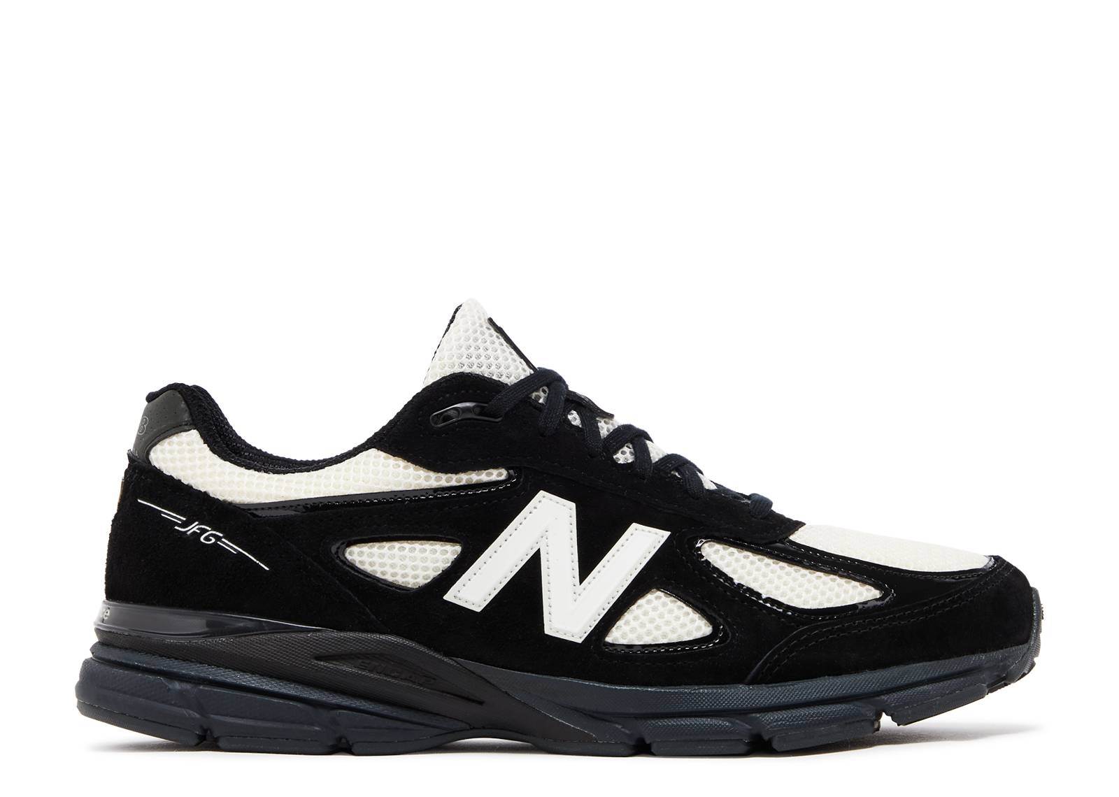 Joe Freshgoods x 990v4 sneaker, black and white design.
