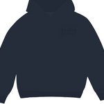 Broken Planet Basics navy hoodie with hood and cuffed sleeves.