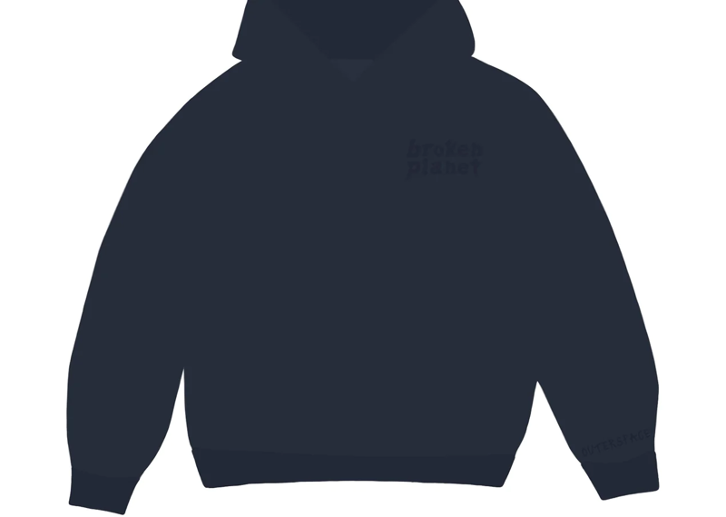 Broken Planet Basics navy hoodie with hood and cuffed sleeves.
