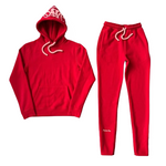 SYNA WORLD red tracksuit featuring a hoodie and jogger pants.